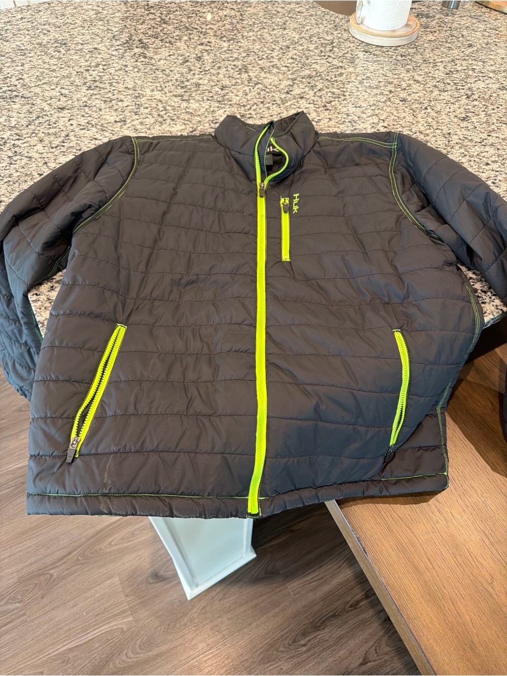 Huk Men's Dark Gray Puffer Jacket with Neon Yellow-Green Accents